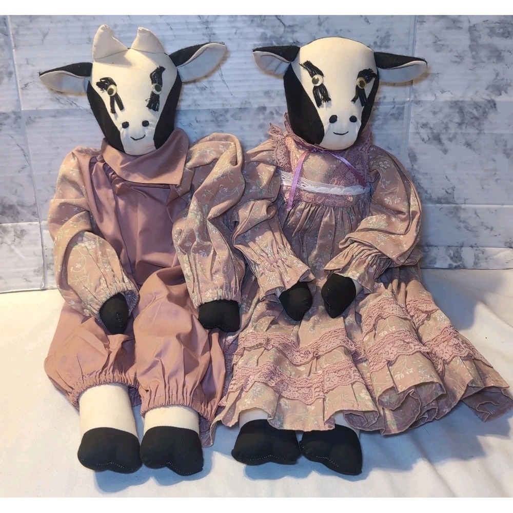 Vintage 2' Handmade Countrycore Dairy Farmcore Grandmacore Folk Art Cow Dolls